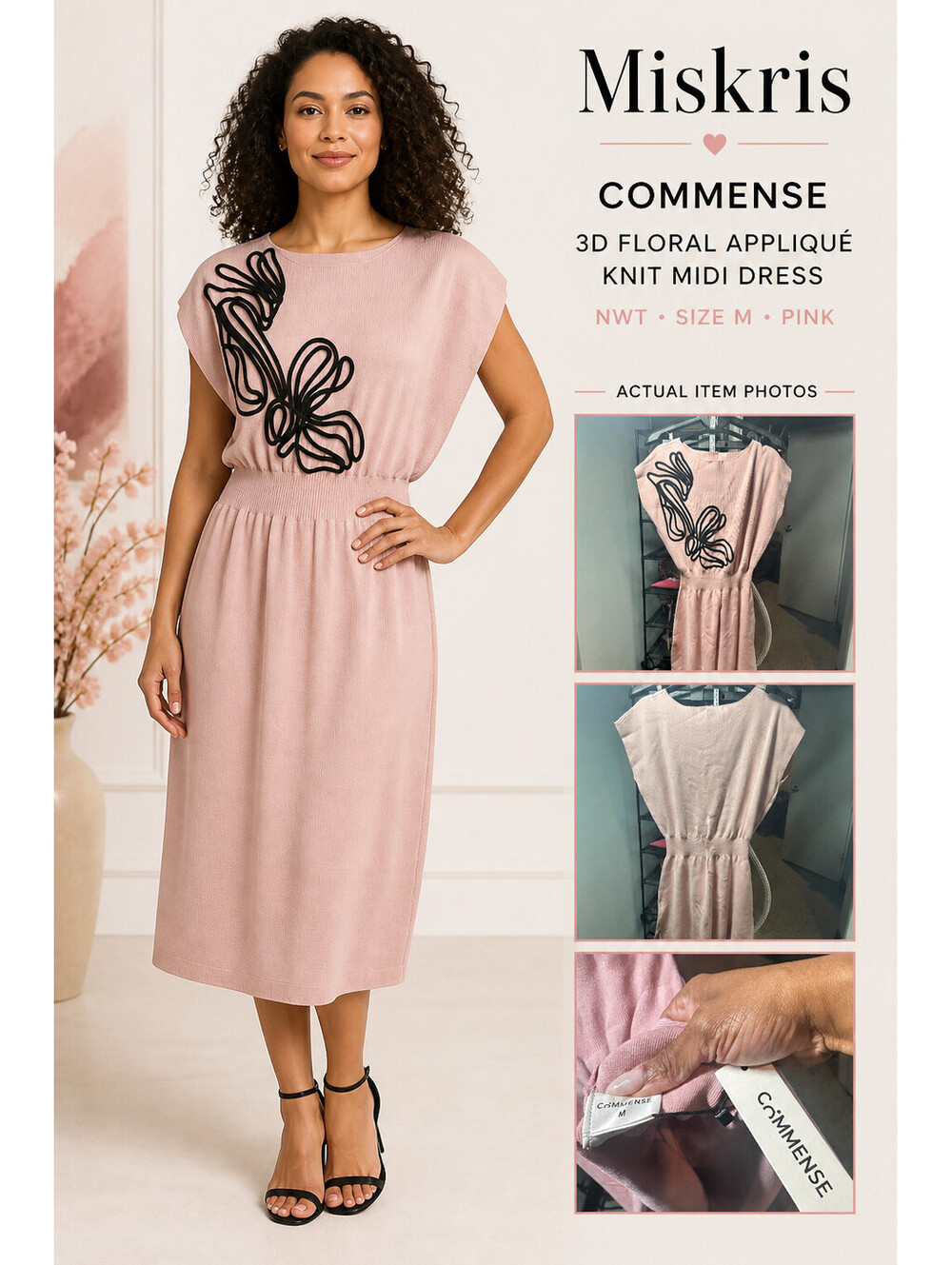 COMMENSE 3D Floral Applique Knit Midi Dress Pink Black Size M NWT